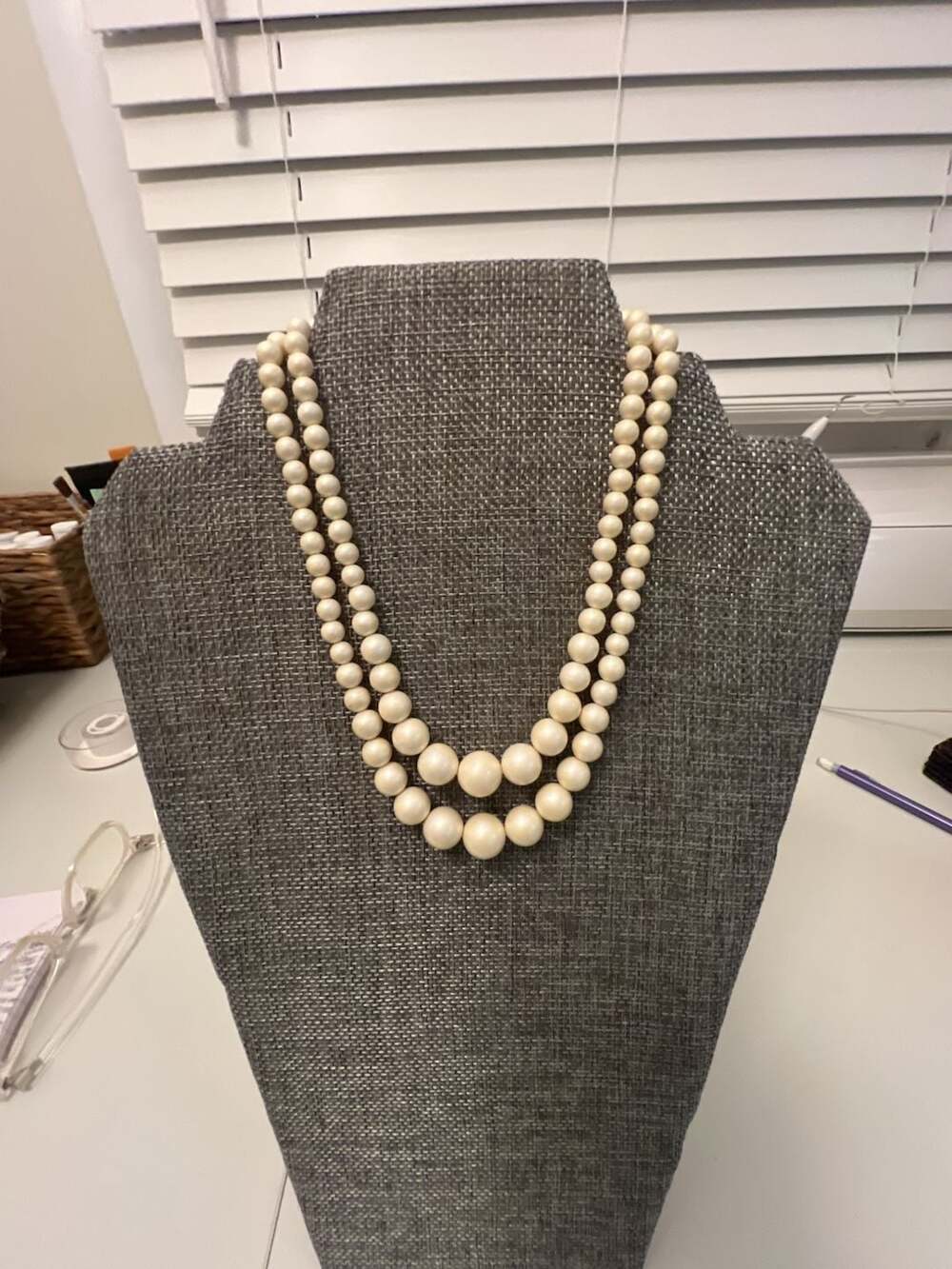 Vintage Japan Faux Pearl Double Strand Necklace Silver Tone 7”